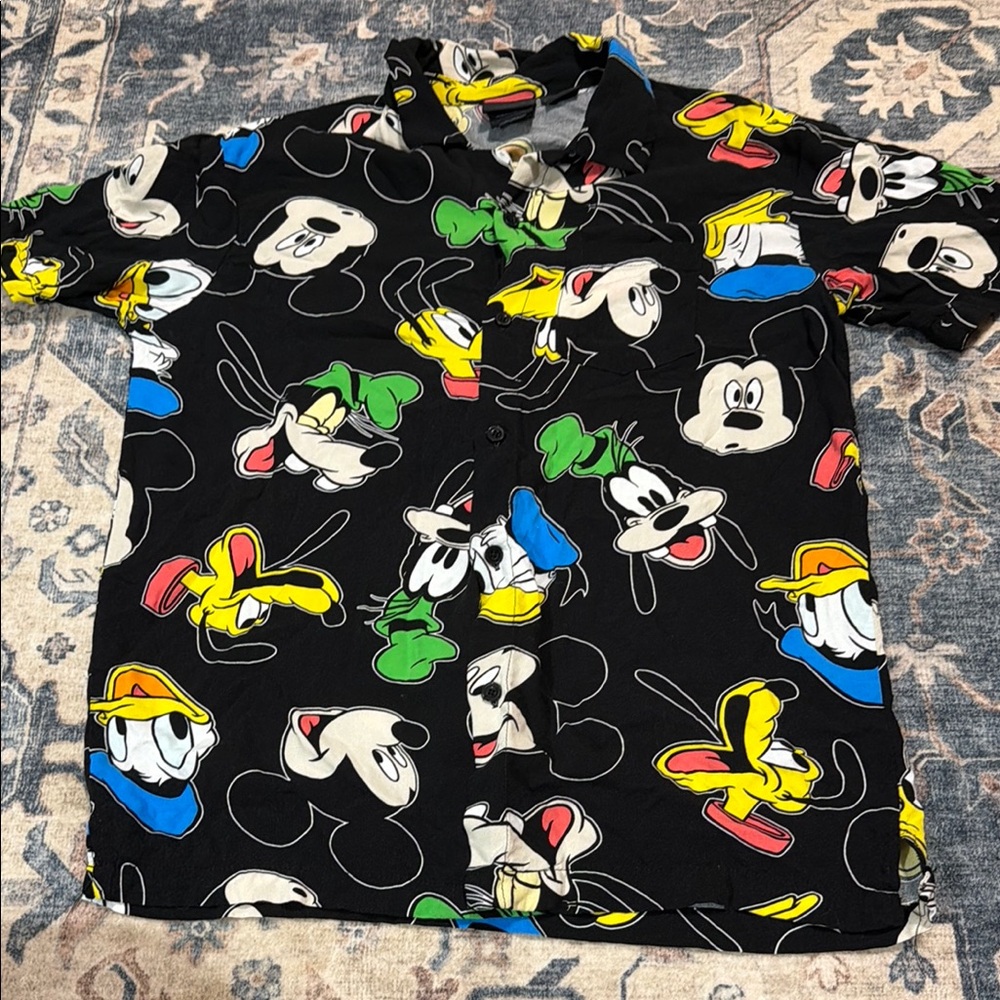 Black Disney Character Print Button-Up Shirt